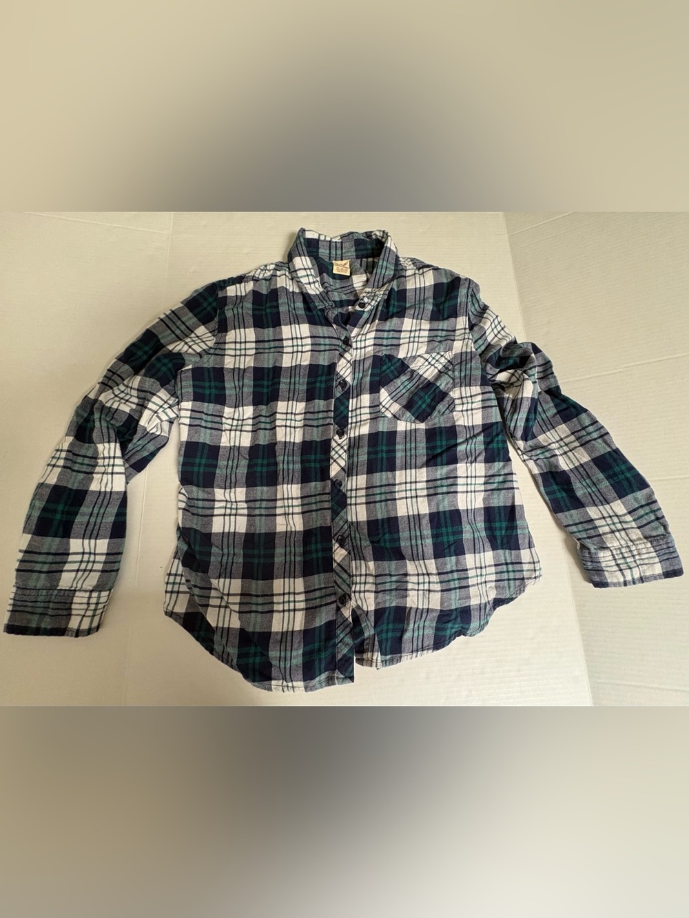 Faded Glory Navy, Green & White Plaid Button-Down Shirt
